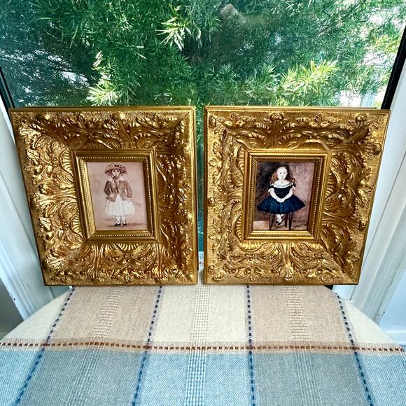 Pair of Vintage Bombay Ornate Gold Frames with Victorian Child Prints - Picture 1 of 16